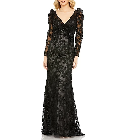 Mac Duggal Embroidered Lace Puff Sleeve Wrap Over Gown