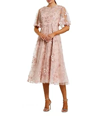 Mac Duggal Embroidered Lace Short Flutter Sleeve Crew Neck A-Line Midi Dress