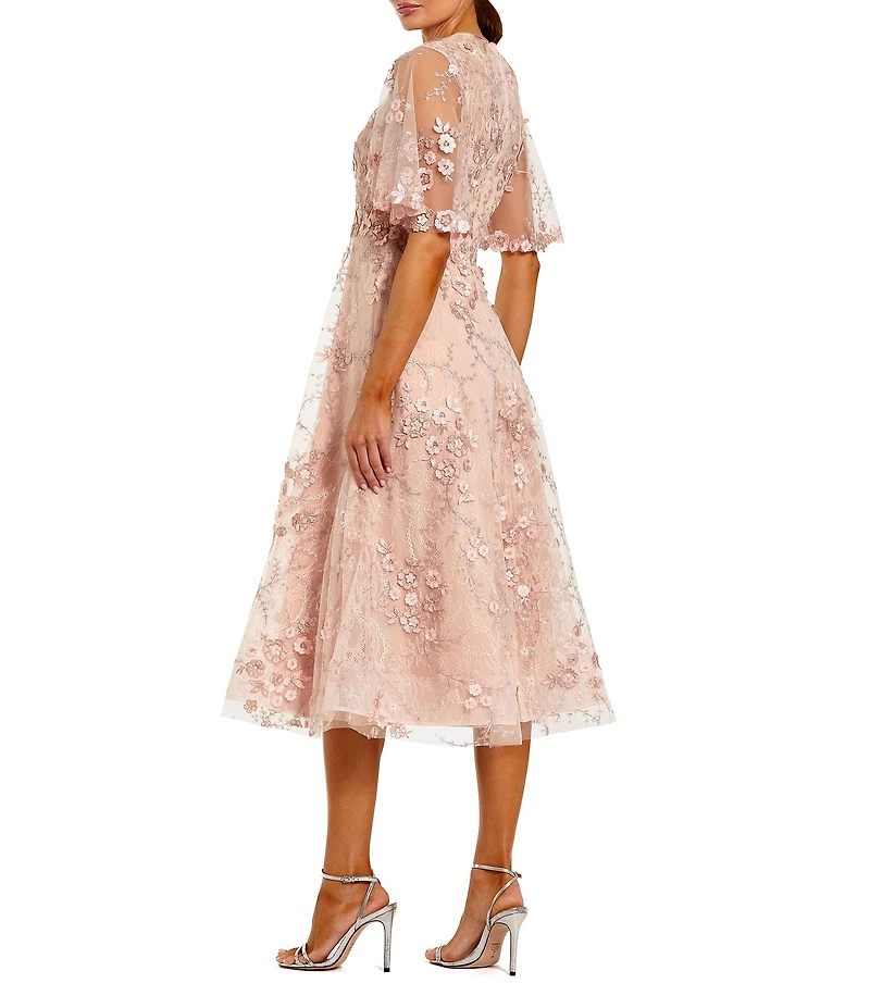 Mac Duggal Embroidered Lace Short Flutter Sleeve Crew Neck A-Line Midi Dress
