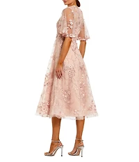 Mac Duggal Embroidered Lace Short Flutter Sleeve Crew Neck A-Line Midi Dress