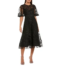 Mac Duggal Embroidered Lace Short Flutter Sleeve Crew Neck A-Line Midi Dress