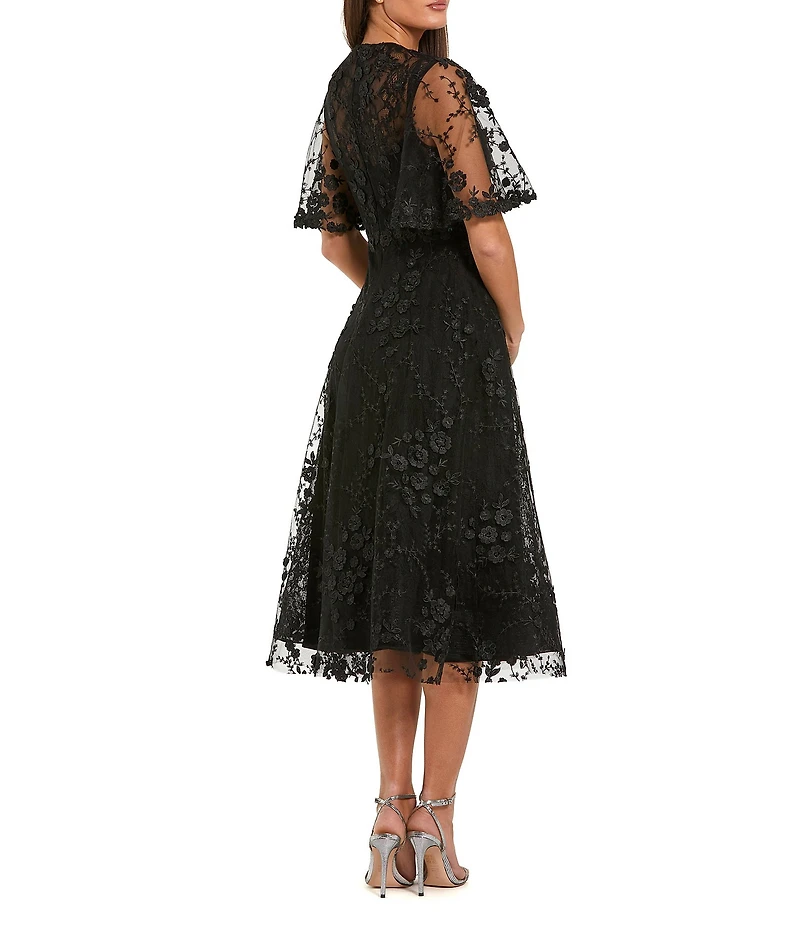 Mac Duggal Embroidered Lace Short Flutter Sleeve Crew Neck A-Line Midi Dress