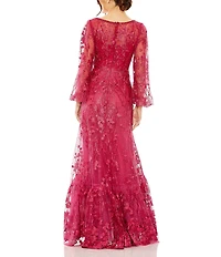 Mac Duggal Embroidered Lace V-Neck Long Balloon Sleeve Tiered A-Line Gown