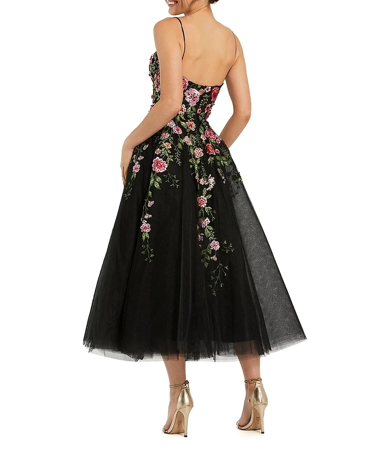 Mac Duggal Embroidered Mesh Floral Sweetheart Neck Sleeveless A-Line Midi Dress