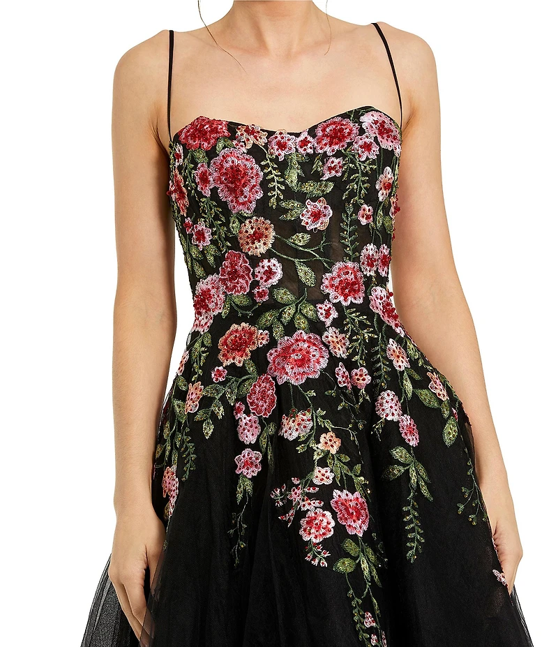 Mac Duggal Embroidered Mesh Floral Sweetheart Neck Sleeveless A-Line Midi Dress