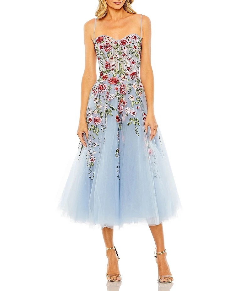 Mac Duggal Embroidered Mesh Floral Sweetheart Neck Sleeveless A-Line Midi Dress