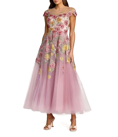 Mac Duggal Embroidered Mesh Illusion Neck Cap Sleeve Midi Dress