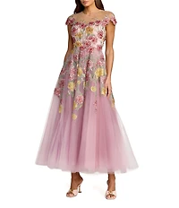 Mac Duggal Embroidered Mesh Illusion Neck Cap Sleeve Midi Dress