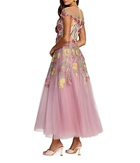 Mac Duggal Embroidered Mesh Illusion Neck Cap Sleeve Midi Dress