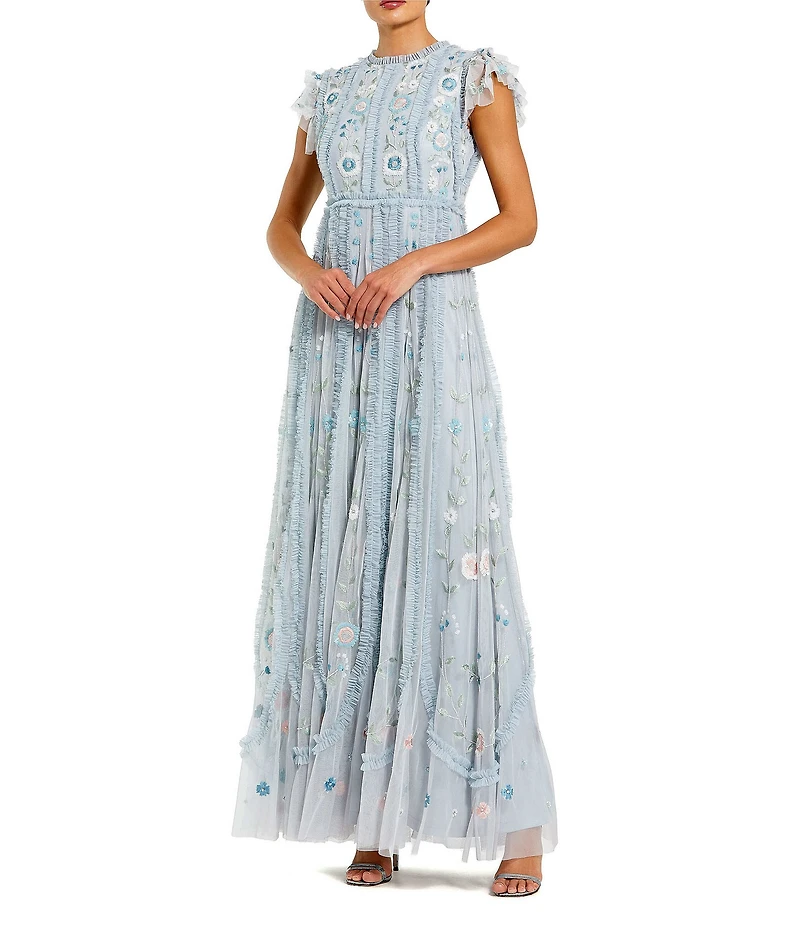 Mac Duggal Embroidered Mesh Ruffle Cap Sleeve Floral Beaded A-Line Gown