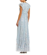 Mac Duggal Embroidered Mesh Ruffle Cap Sleeve Floral Beaded A-Line Gown