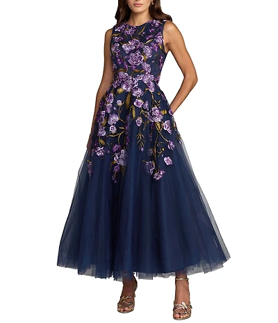 Mac Duggal Embroidered Mesh Sleeveless Ankle Length Dress