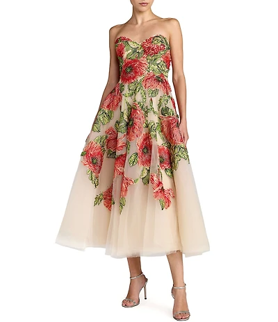 Mac Duggal Embroidered Mesh Strapless A Line Midi Dress