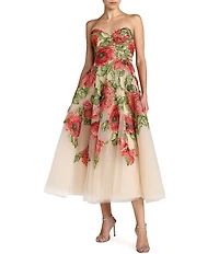 Mac Duggal Embroidered Mesh Strapless A Line Midi Dress