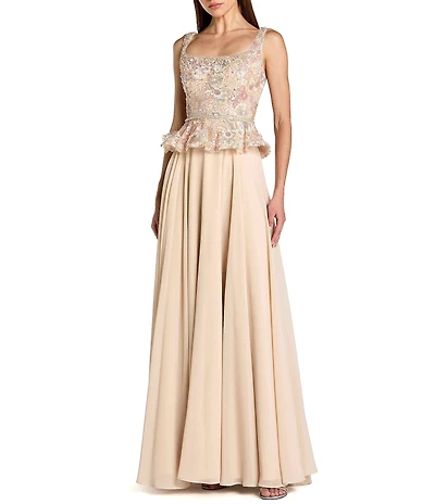 Mac Duggal Embroidered Peplum Top With Chiffon Skirt Long Gown