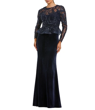 Mac Duggal Embroidered Peplum Velvet Skirt Gown