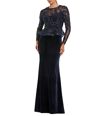 Mac Duggal Embroidered Peplum Velvet Skirt Gown