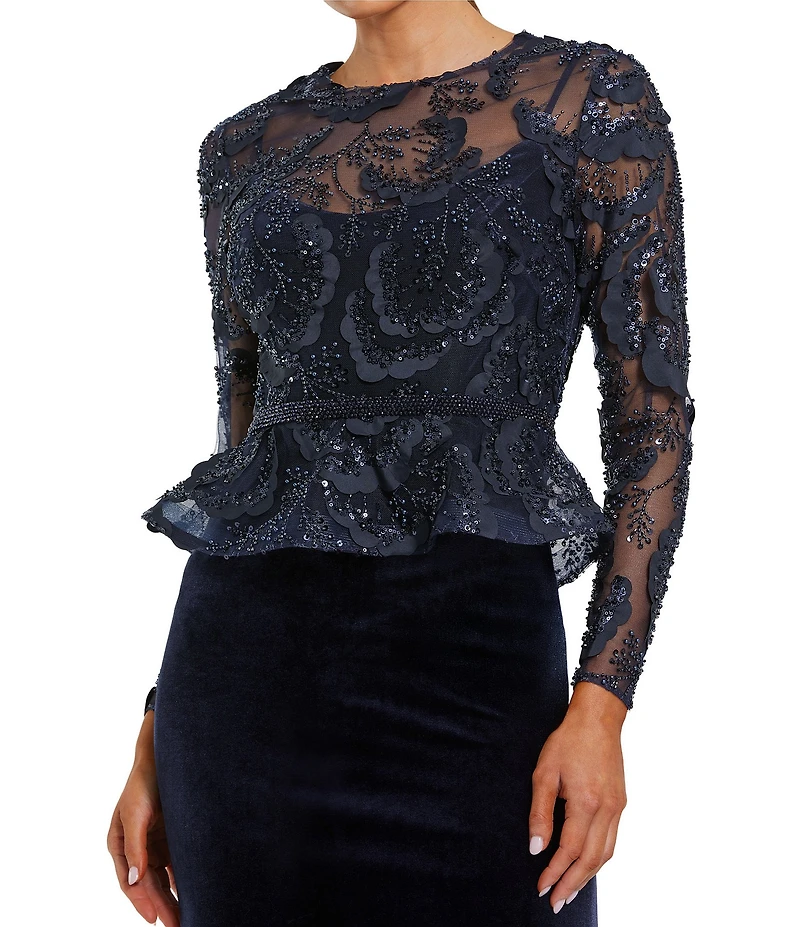 Mac Duggal Embroidered Peplum Velvet Skirt Gown