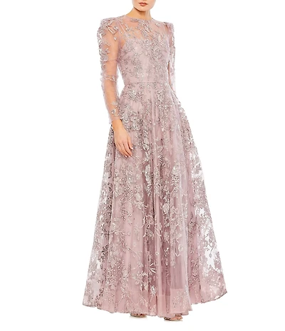 Mac Duggal Embroidered Sequin Illusion Crew Neck A-Line Gown