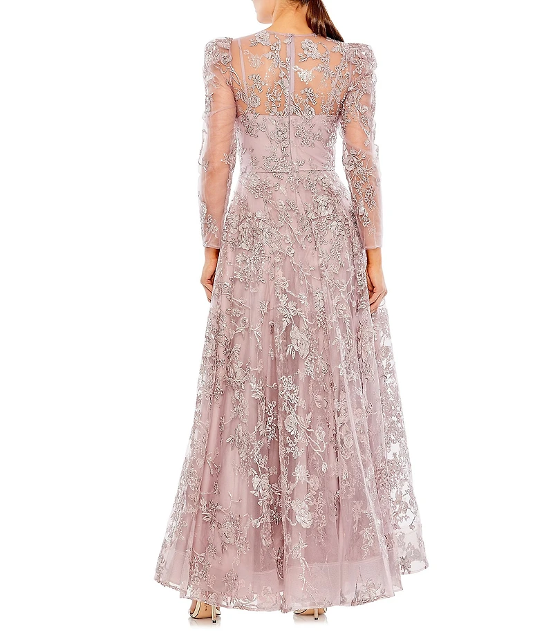 Mac Duggal Embroidered Sequin Illusion Crew Neck A-Line Gown