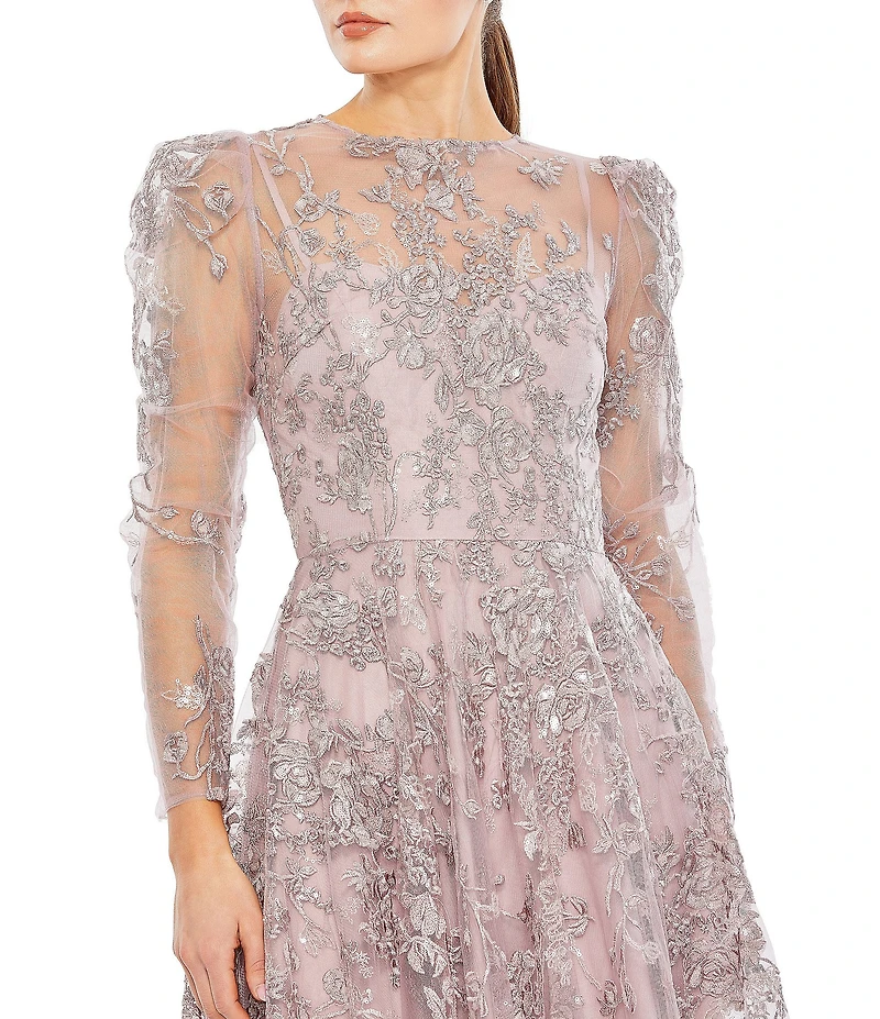 Mac Duggal Embroidered Sequin Illusion Crew Neck A-Line Gown