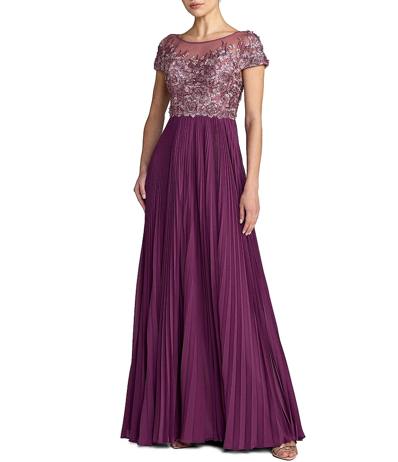 Mac Duggal Embroidered Short Sleeve Pleated Gown