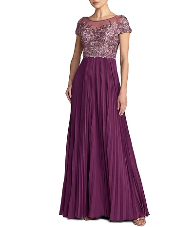 Mac Duggal Embroidered Short Sleeve Pleated Gown