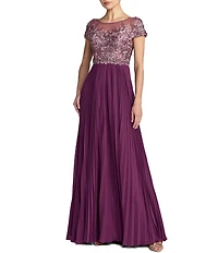 Mac Duggal Embroidered Short Sleeve Pleated Gown