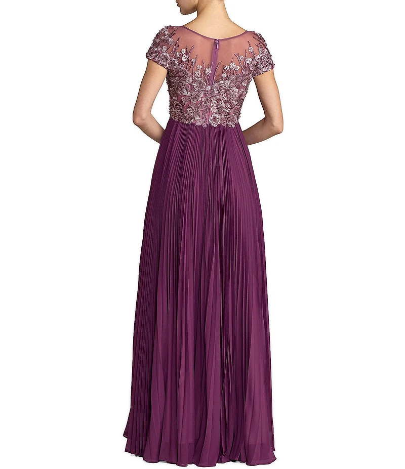 Mac Duggal Embroidered Short Sleeve Pleated Gown