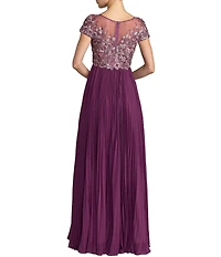 Mac Duggal Embroidered Short Sleeve Pleated Gown