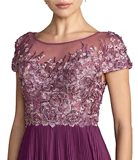 Mac Duggal Embroidered Short Sleeve Pleated Gown