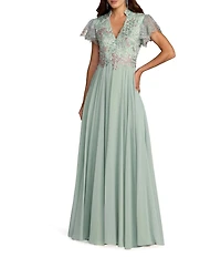 Mac Duggal Embroidered Top Chiffon Skirt Ruffle Sleeve Gown