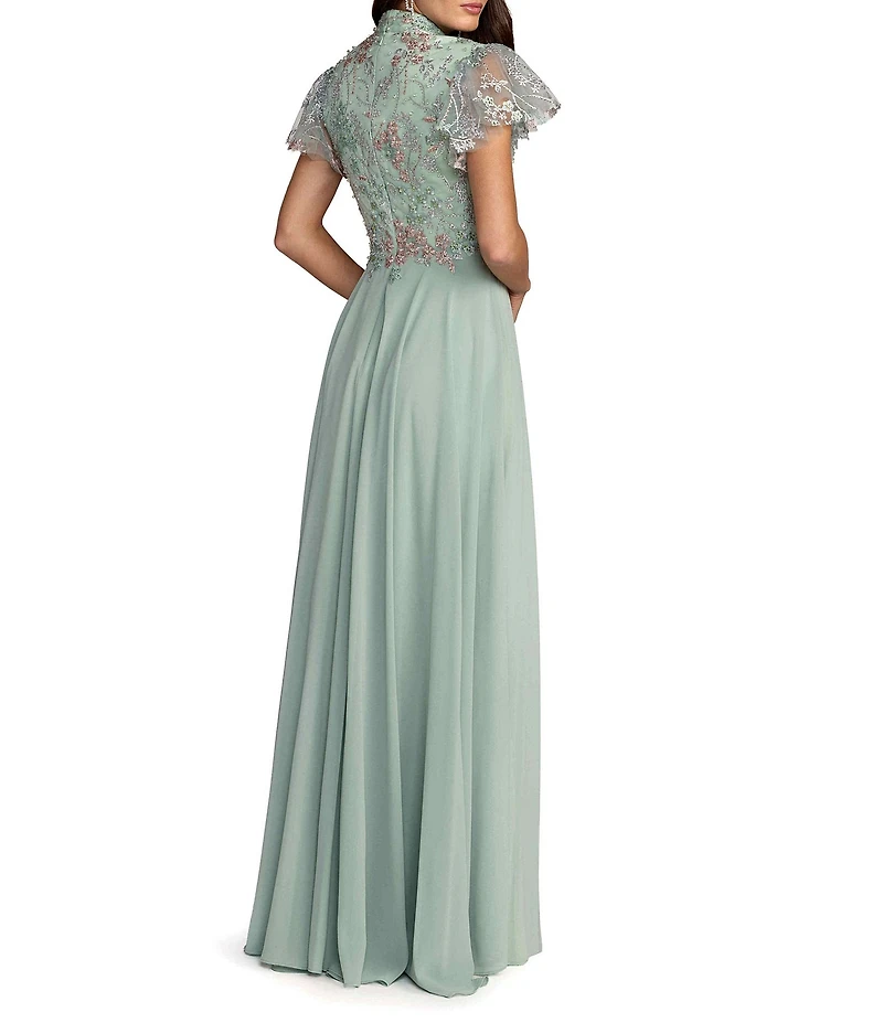Mac Duggal Embroidered Top Chiffon Skirt Ruffle Sleeve Gown