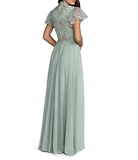 Mac Duggal Embroidered Top Chiffon Skirt Ruffle Sleeve Gown