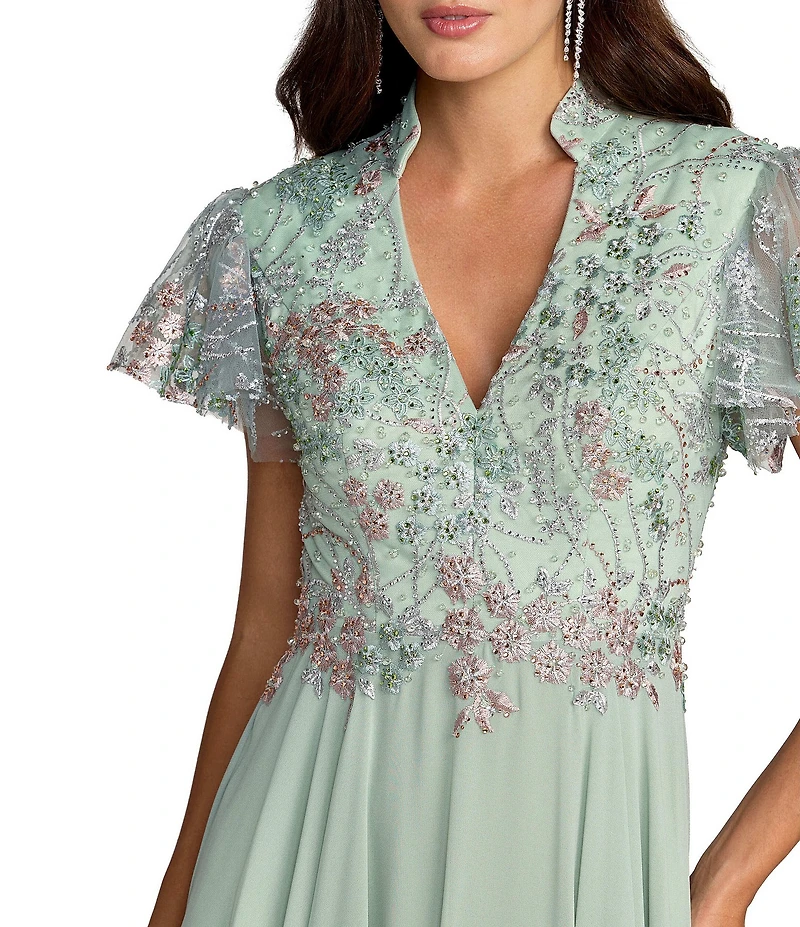Mac Duggal Embroidered Top Chiffon Skirt Ruffle Sleeve Gown