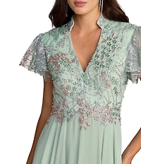 Mac Duggal Embroidered Top Chiffon Skirt Ruffle Sleeve Gown