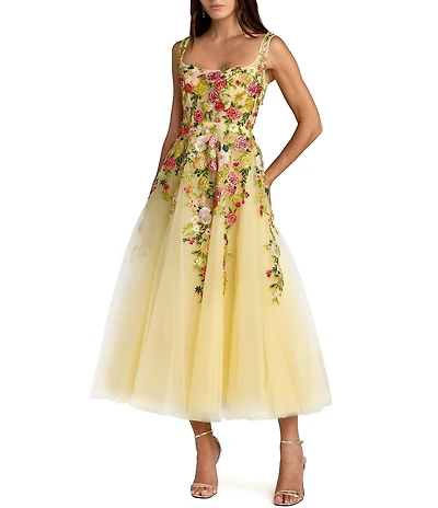 Mac Duggal Embroidered Tulle Midi Dress