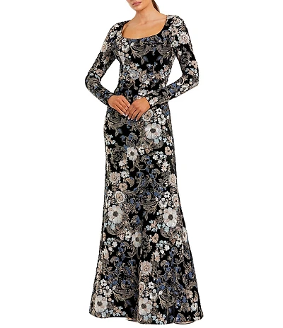 Mac Duggal Embroidered Velvet Long Sleeve Scoop Neck Gown