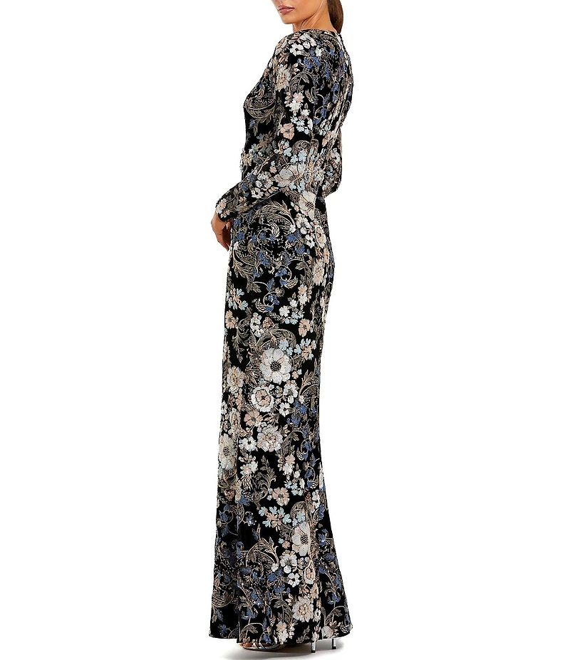 Mac Duggal Embroidered Velvet Long Sleeve Scoop Neck Gown