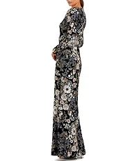 Mac Duggal Embroidered Velvet Long Sleeve Scoop Neck Gown