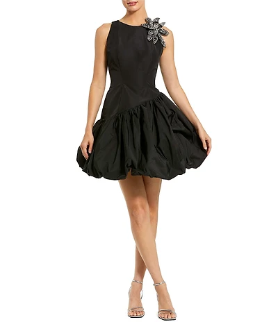 Mac Duggal Faille Sleeveless Bubble Hem Flower Mini Dress