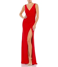 Mac Duggal Faux Wrap Thigh High Slit V-Neck Sleeveless Gown