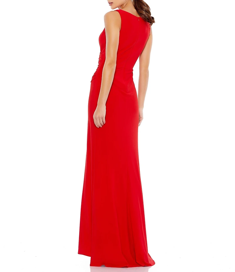 Mac Duggal Faux Wrap Thigh High Slit V-Neck Sleeveless Gown
