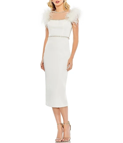 Mac Duggal Feather Cap Sleeve Pearl Embellished Satin Dress