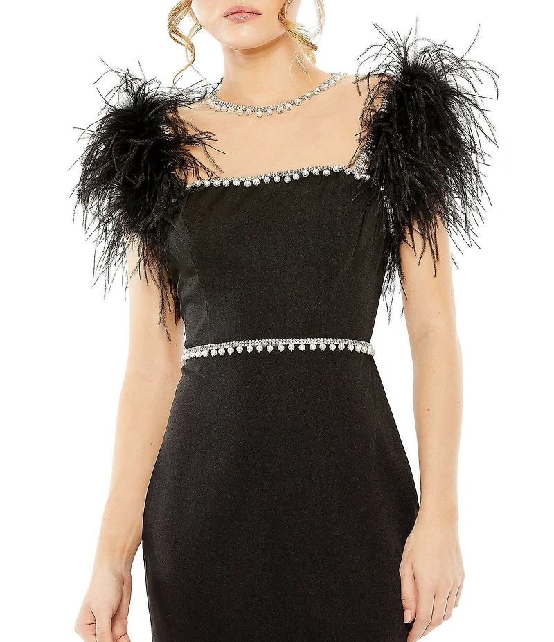 Mac Duggal Feather Cap Sleeve Pearl Embellished Satin Dress