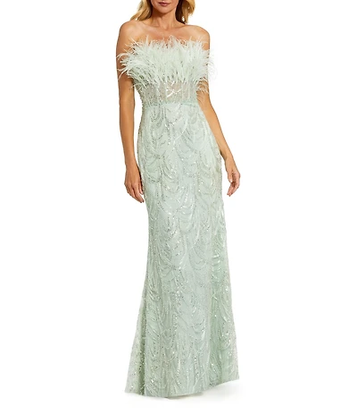 Mac Duggal Feather Trim Strapless Corset Bodice Embroidered Sheath Gown