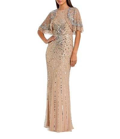Mac Duggal Fitted Beaded Mesh Caplet Gown