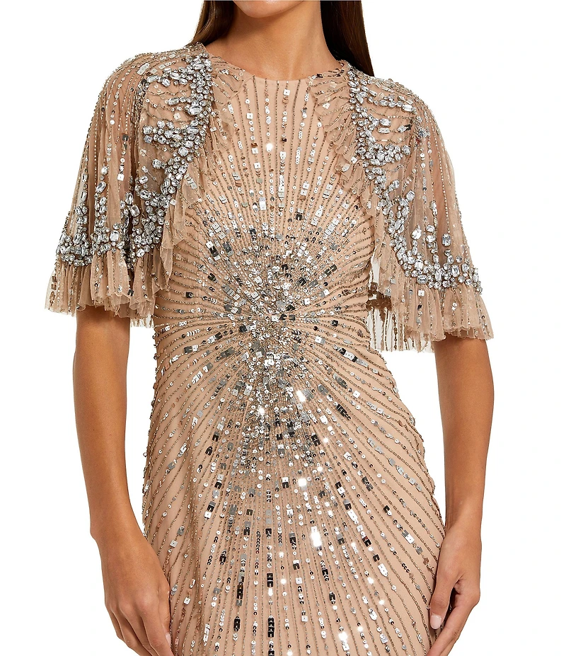 Mac Duggal Fitted Beaded Mesh Caplet Gown