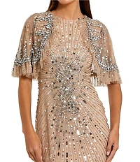 Mac Duggal Fitted Beaded Mesh Caplet Gown