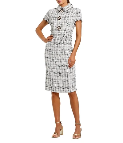 Mac Duggal Fitted Boucle Short Sleeve Button Up Midi Dress